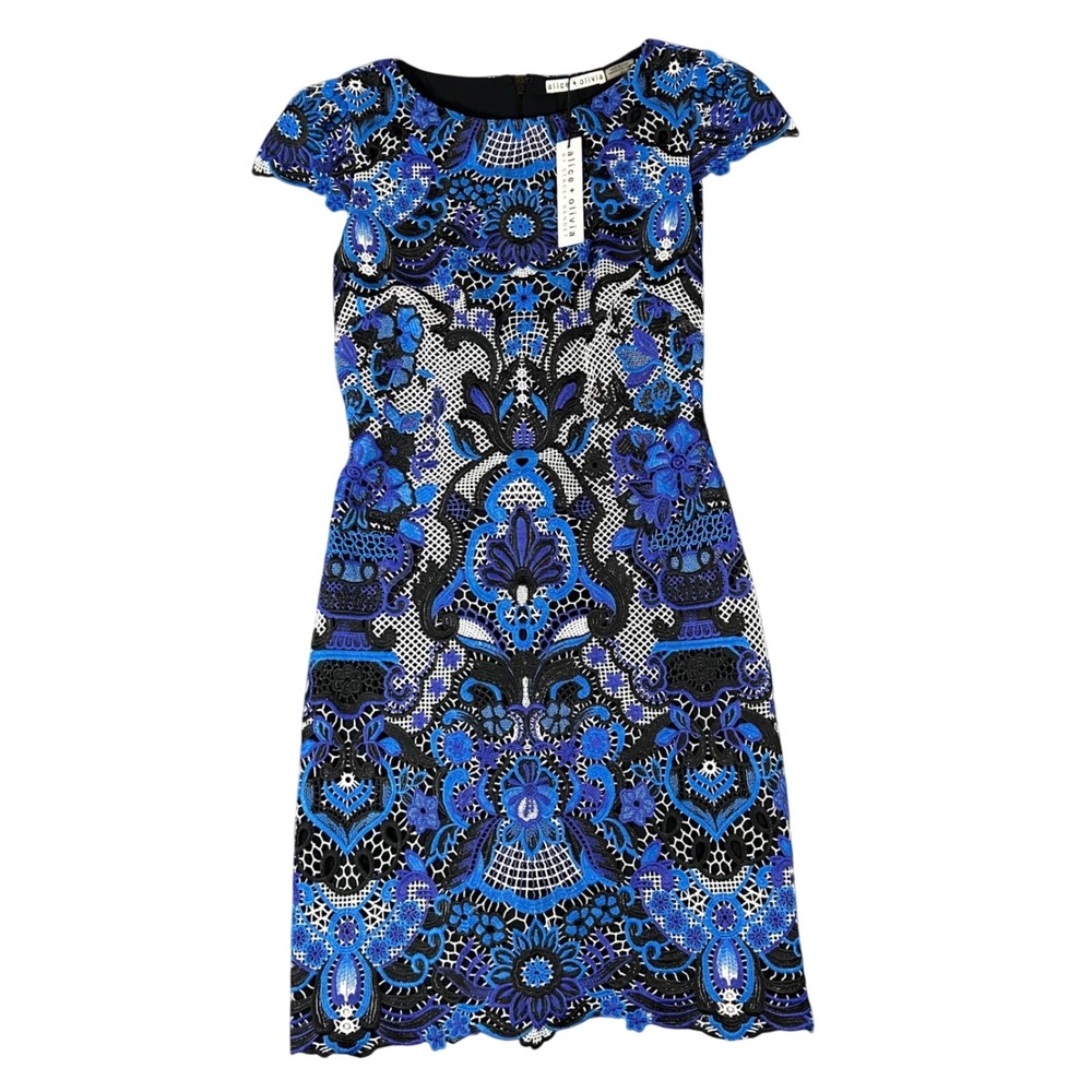 Alice + Olivia‎ Blue Embroidered Lace Nakia Mini Dress Womens 2 NEW $440